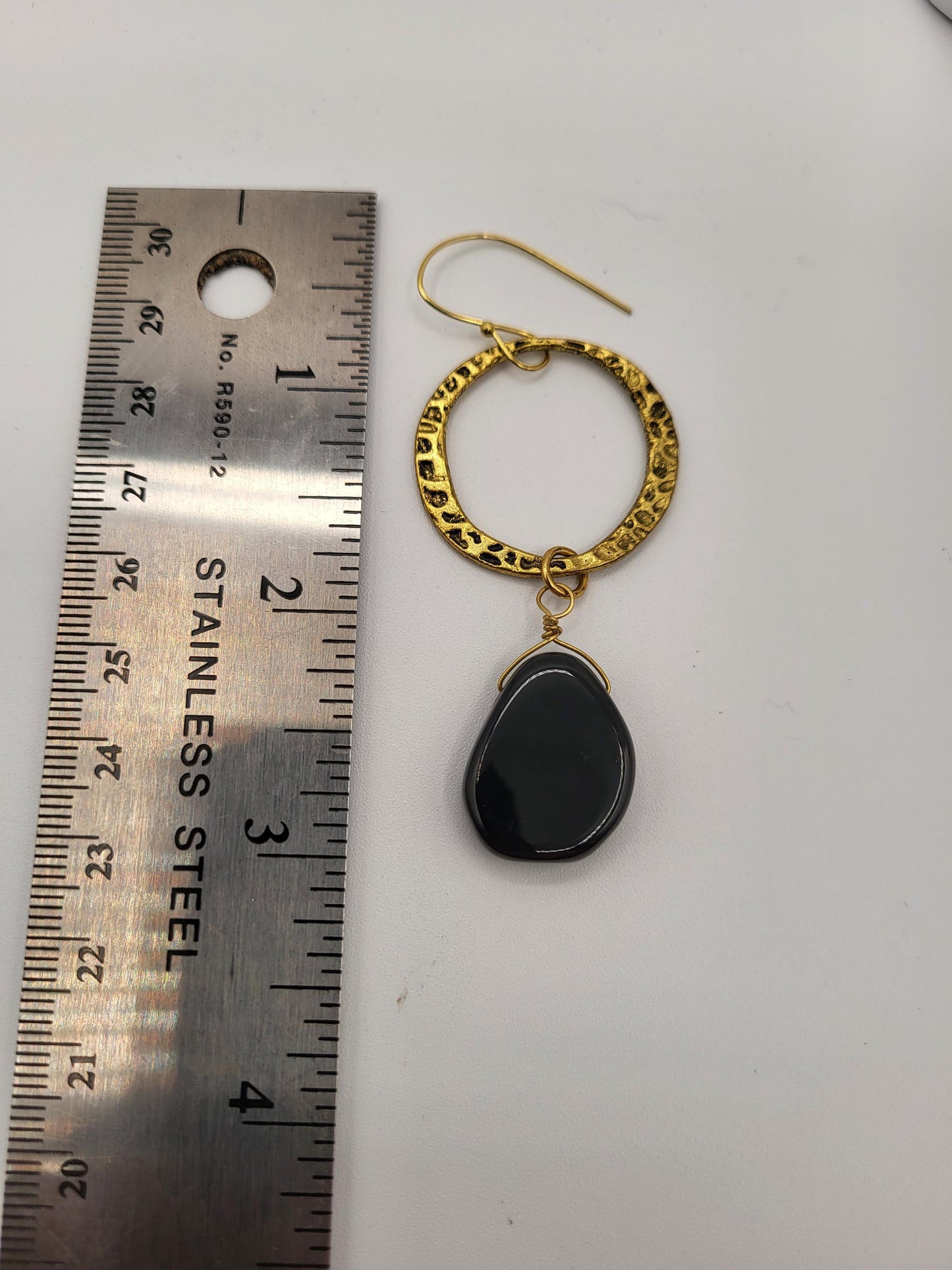 Black Onyx Stones with Antique Gold Hoops Dangle Earrings
