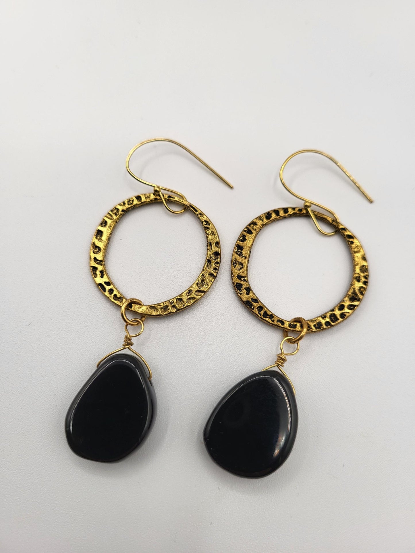 Black Onyx Stones with Antique Gold Hoops Dangle Earrings