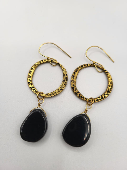 Black Onyx Stones with Antique Gold Hoops Dangle Earrings