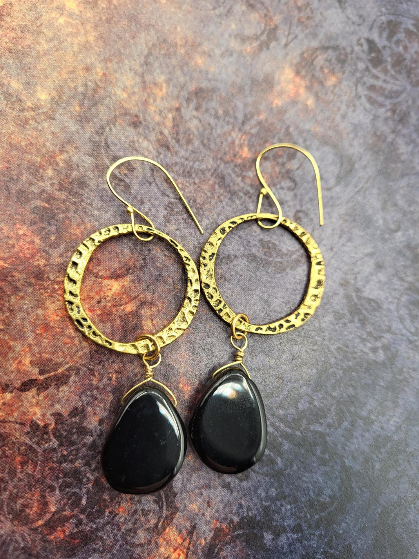 Black Onyx Stones with Antique Gold Hoops Dangle Earrings