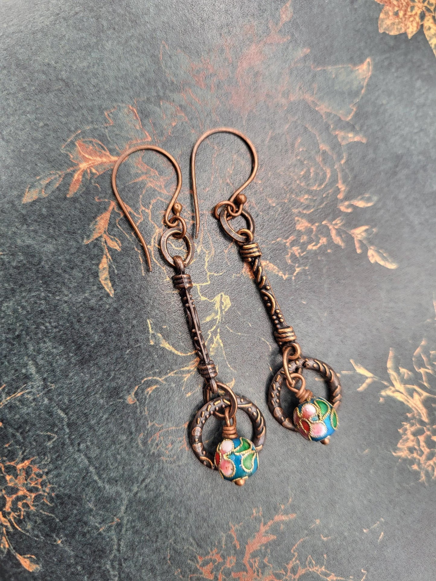 Copper and Enamel beaded earrings. Copper Bohemian Earrings