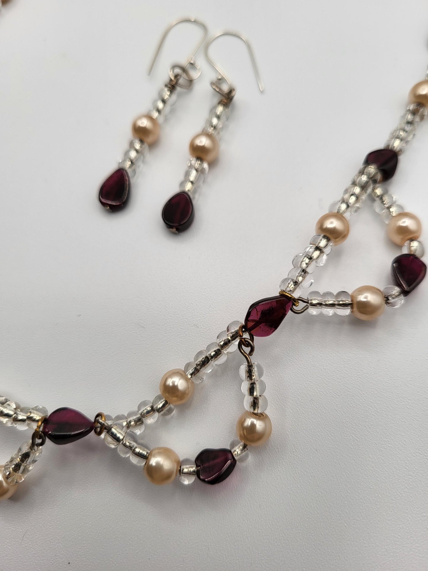 Garnet and Fresh Water Pearl Earrings and Necklace Set