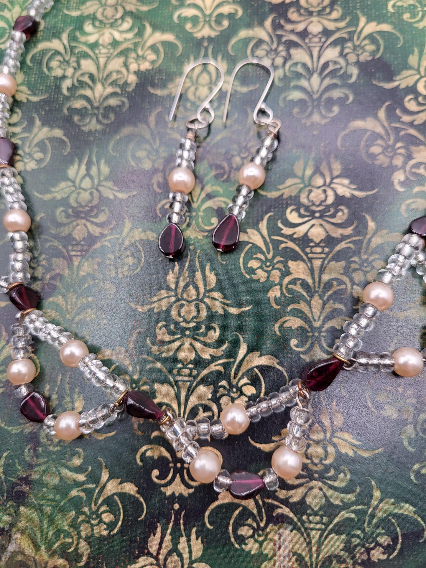 Garnet and Fresh Water Pearl Earrings and Necklace Set