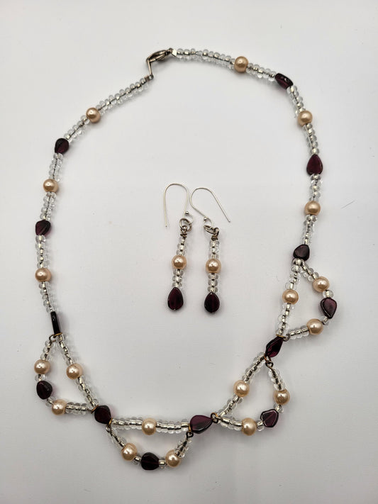 Garnet and Fresh Water Pearl Earrings and Necklace Set
