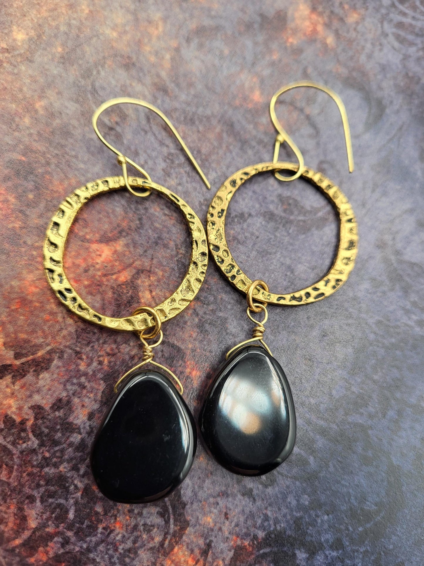 Black Onyx Stones with Antique Gold Hoops Dangle Earrings