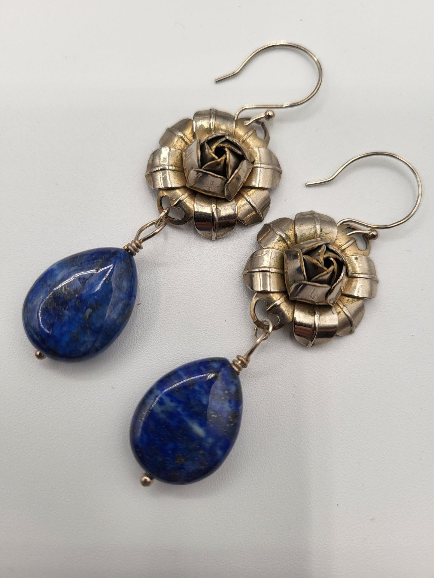 Lapis Lazuli Drop Earrings - Vintage Rose Metal Focal
