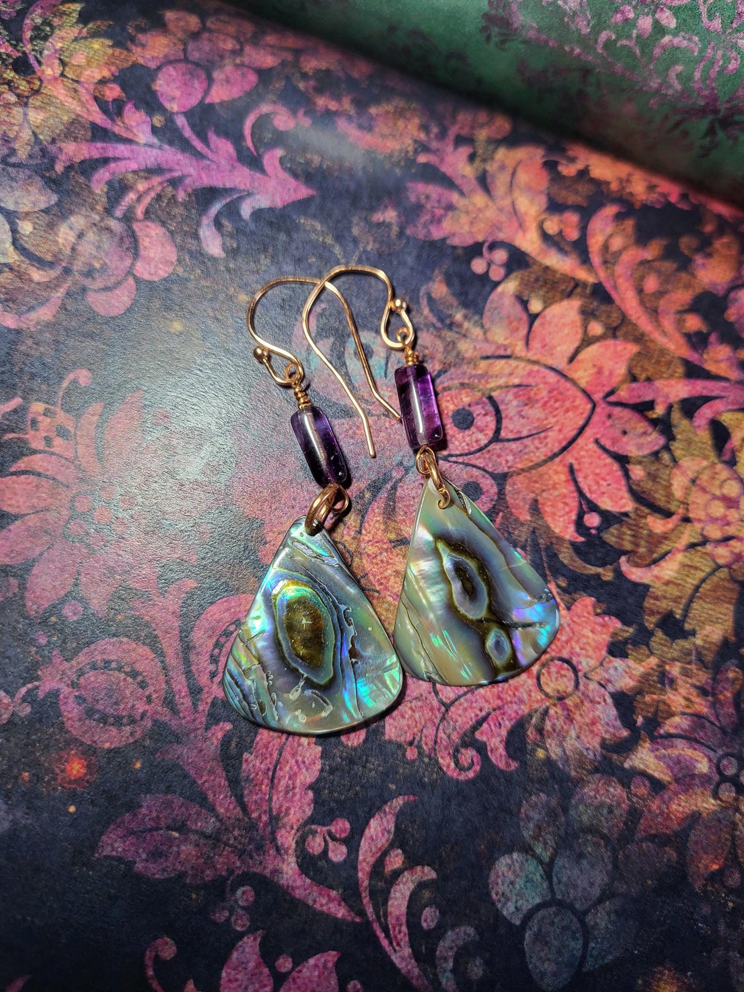 Abalone, Amethyst and Copper Drop Earrings