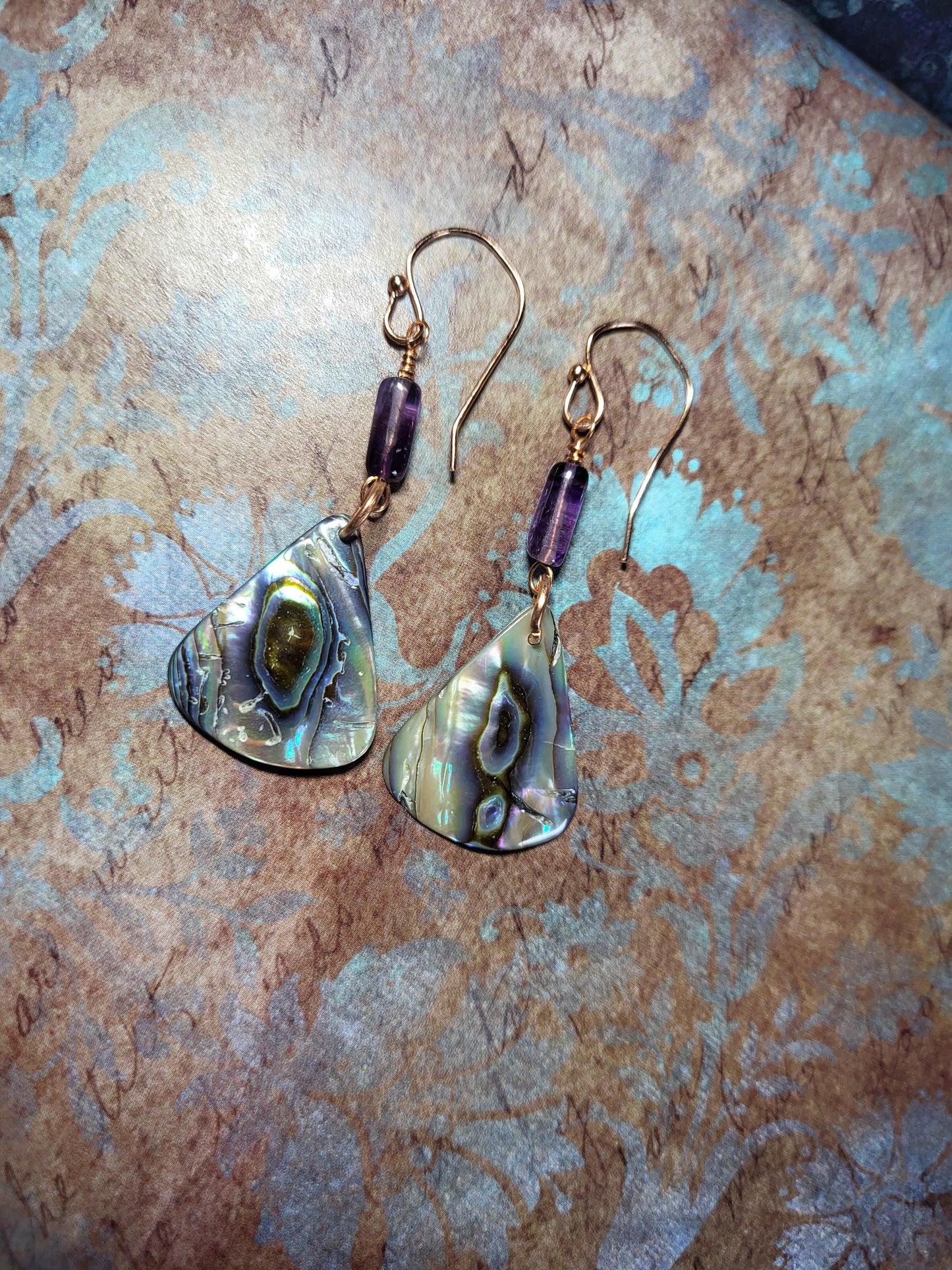 Abalone, Amethyst and Copper Drop Earrings