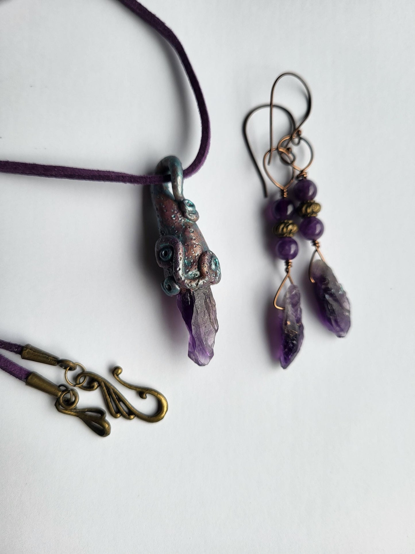 Fairy Jewelry. Amethyst and Clay. Handmade Sculptured Pendant & Earrings.