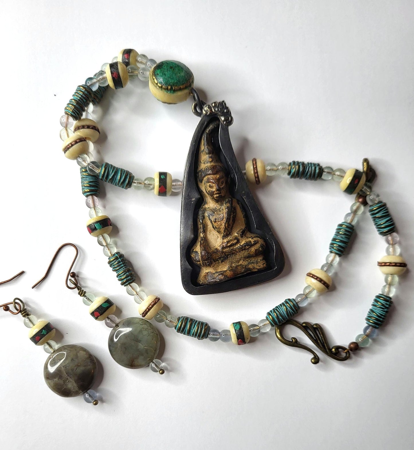 Thai Buddha Amulet Pendant Earrings and Necklace Set