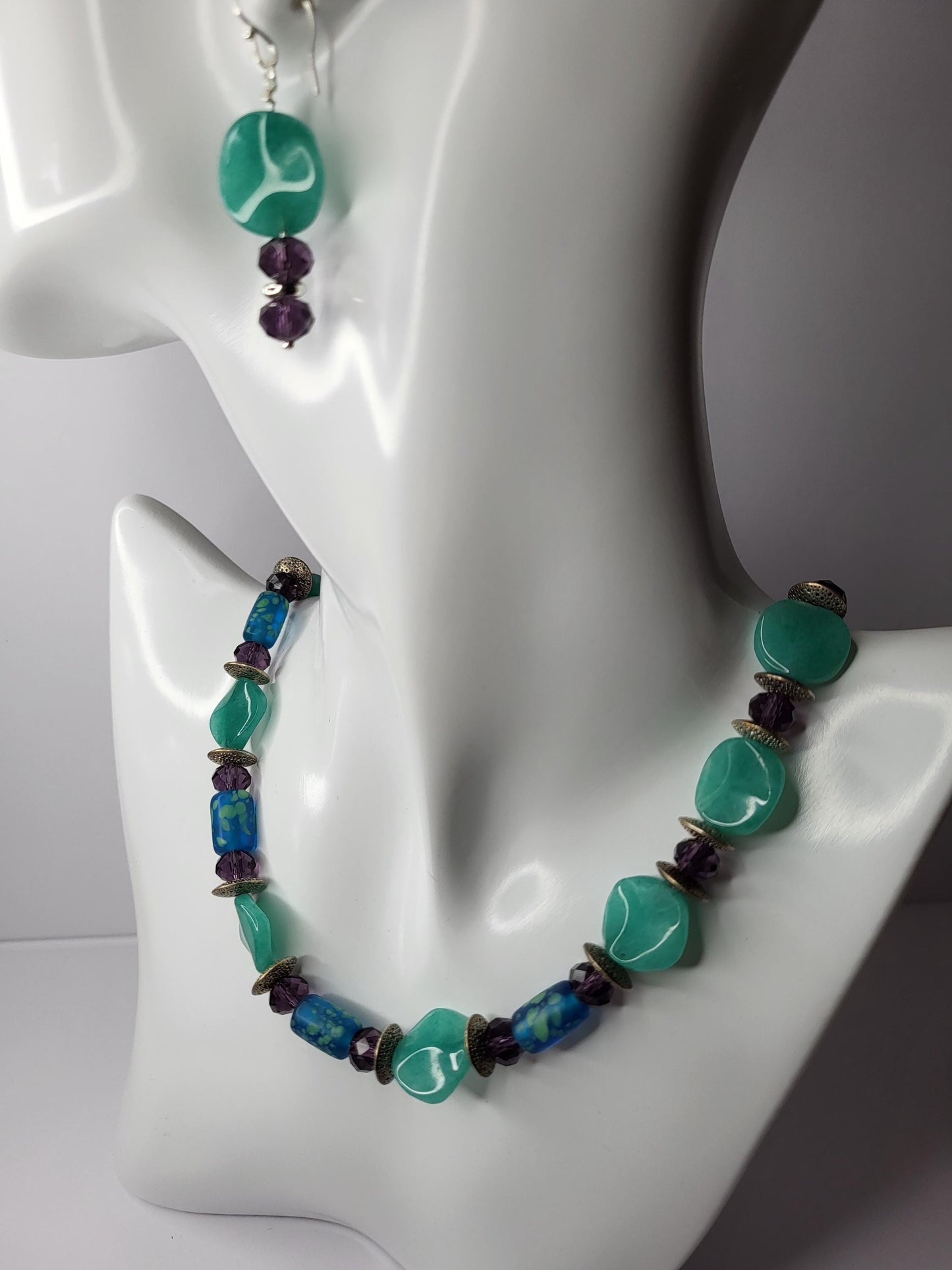 Green Aventurine and Purple Crystal Earrings and Necklace