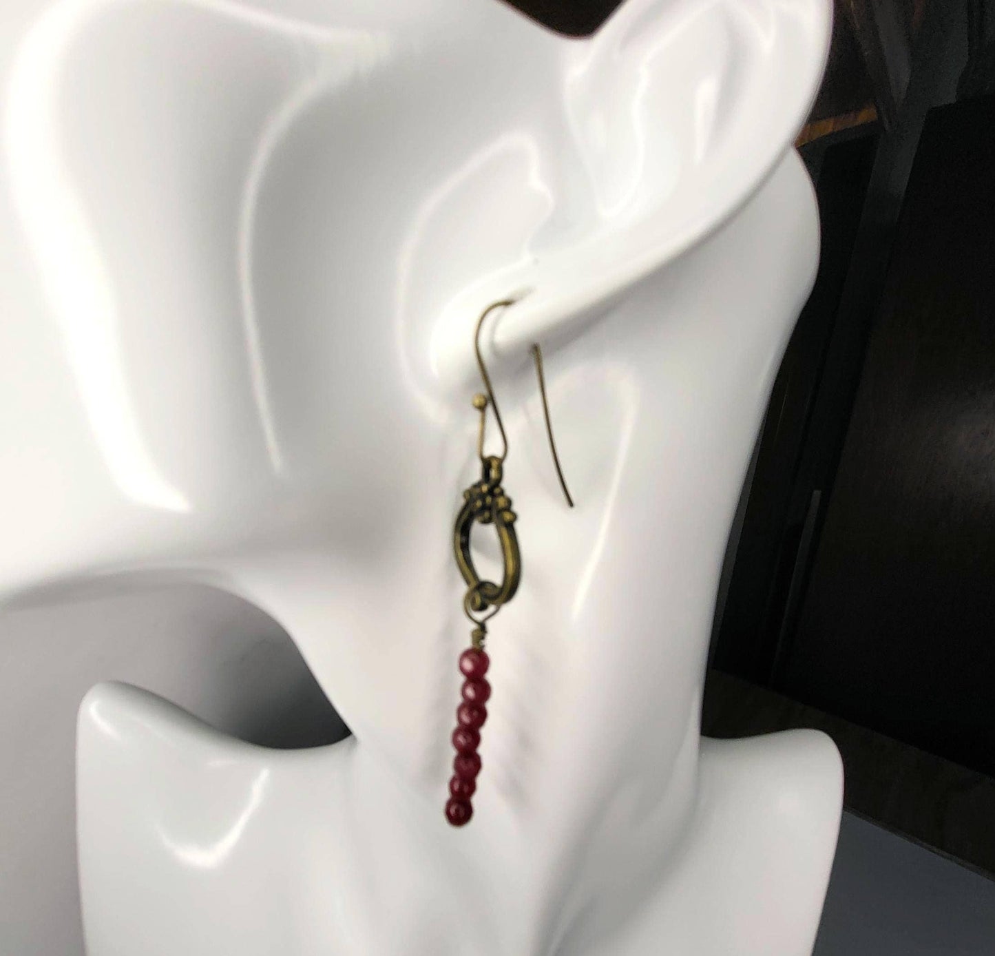 Ruby Jade and bronze drop earrings.