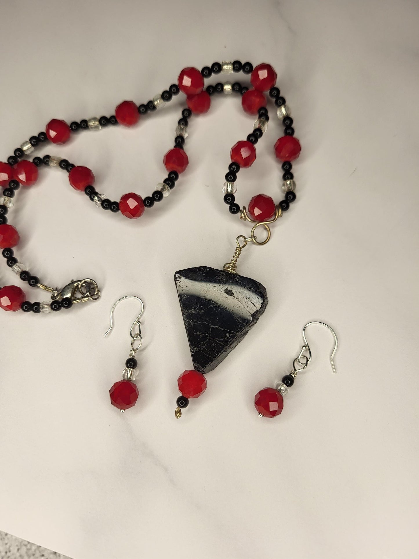 Black Tourmaline Pendant Necklace with Red Glass Beads & Handmade Silver Earrings
