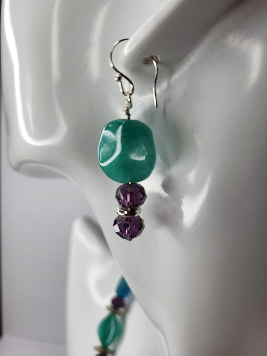 Green Aventurine and Purple Crystal Earrings and Necklace