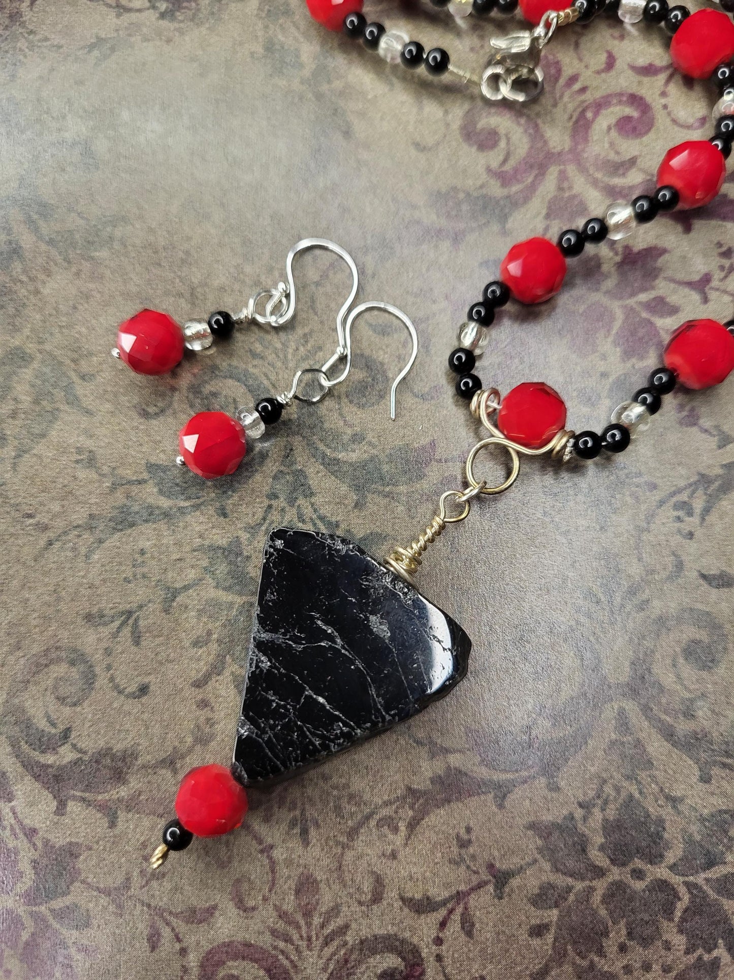 Black Tourmaline Pendant Necklace with Red Glass Beads & Handmade Silver Earrings