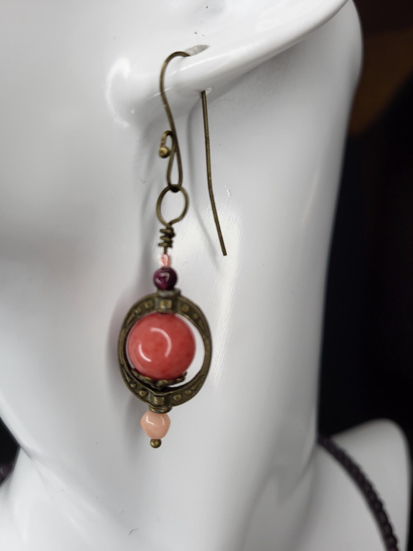 Coral and Carved Wooden Nepal Bead Neckace with Sunstone Earrings set