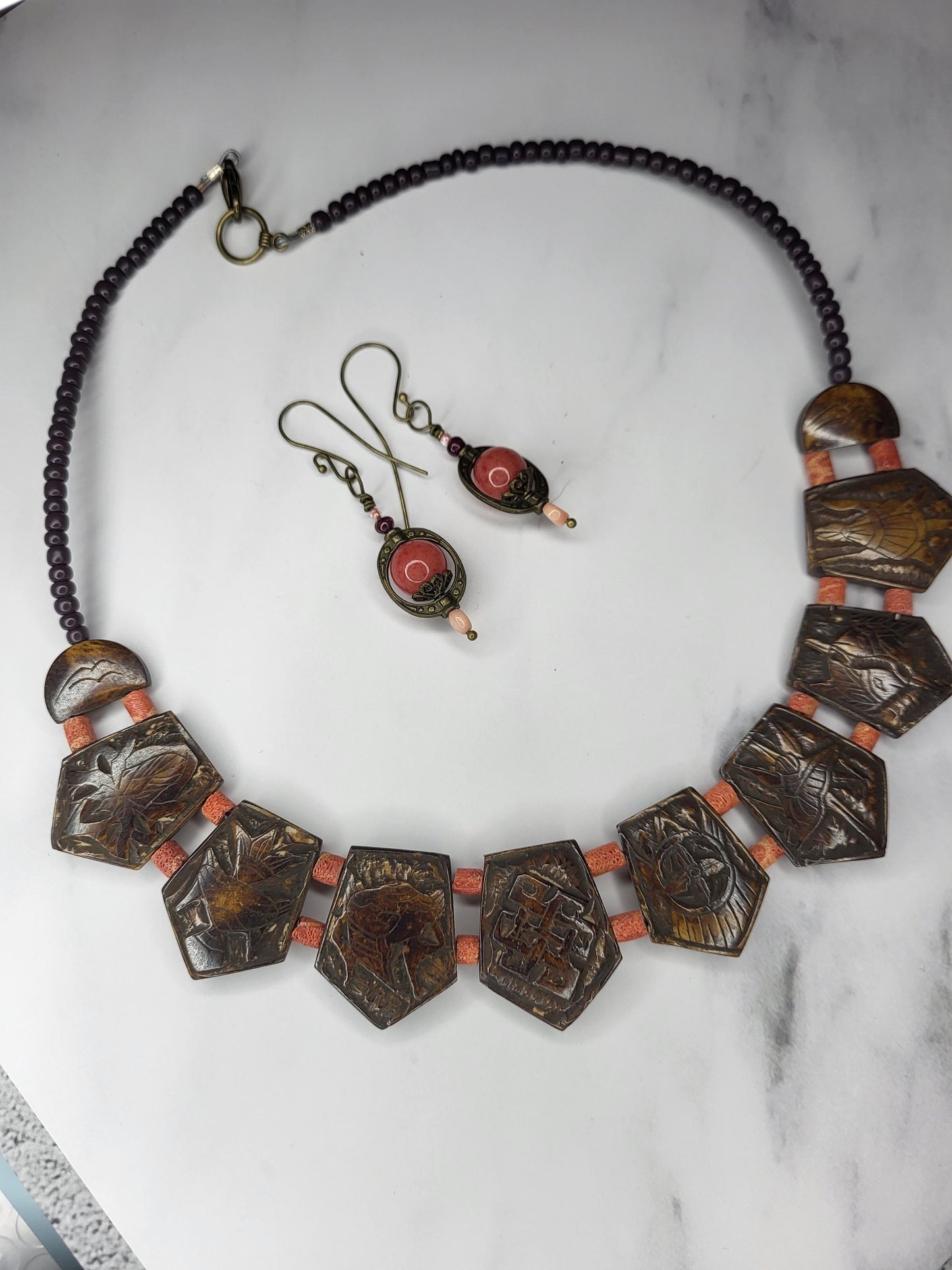 Coral and Carved Wooden Nepal Bead Neckace with Sunstone Earrings set