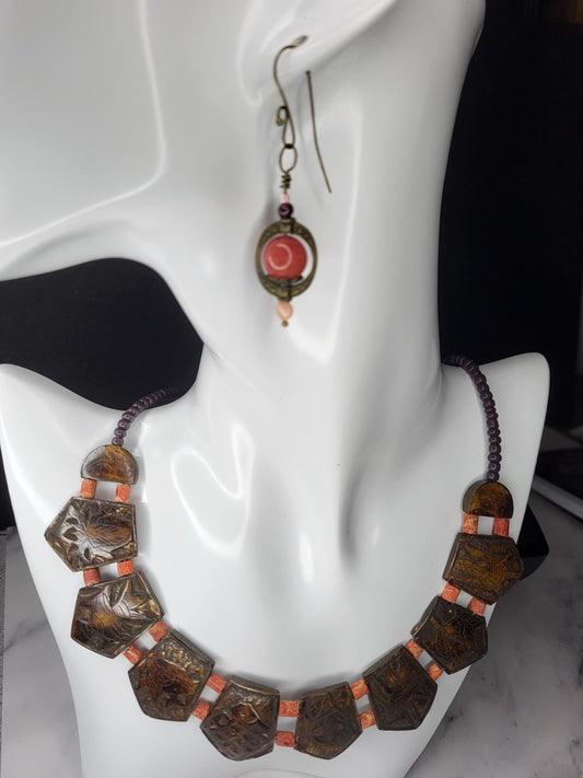 Coral and Carved Wooden Nepal Bead Neckace with Sunstone Earrings set