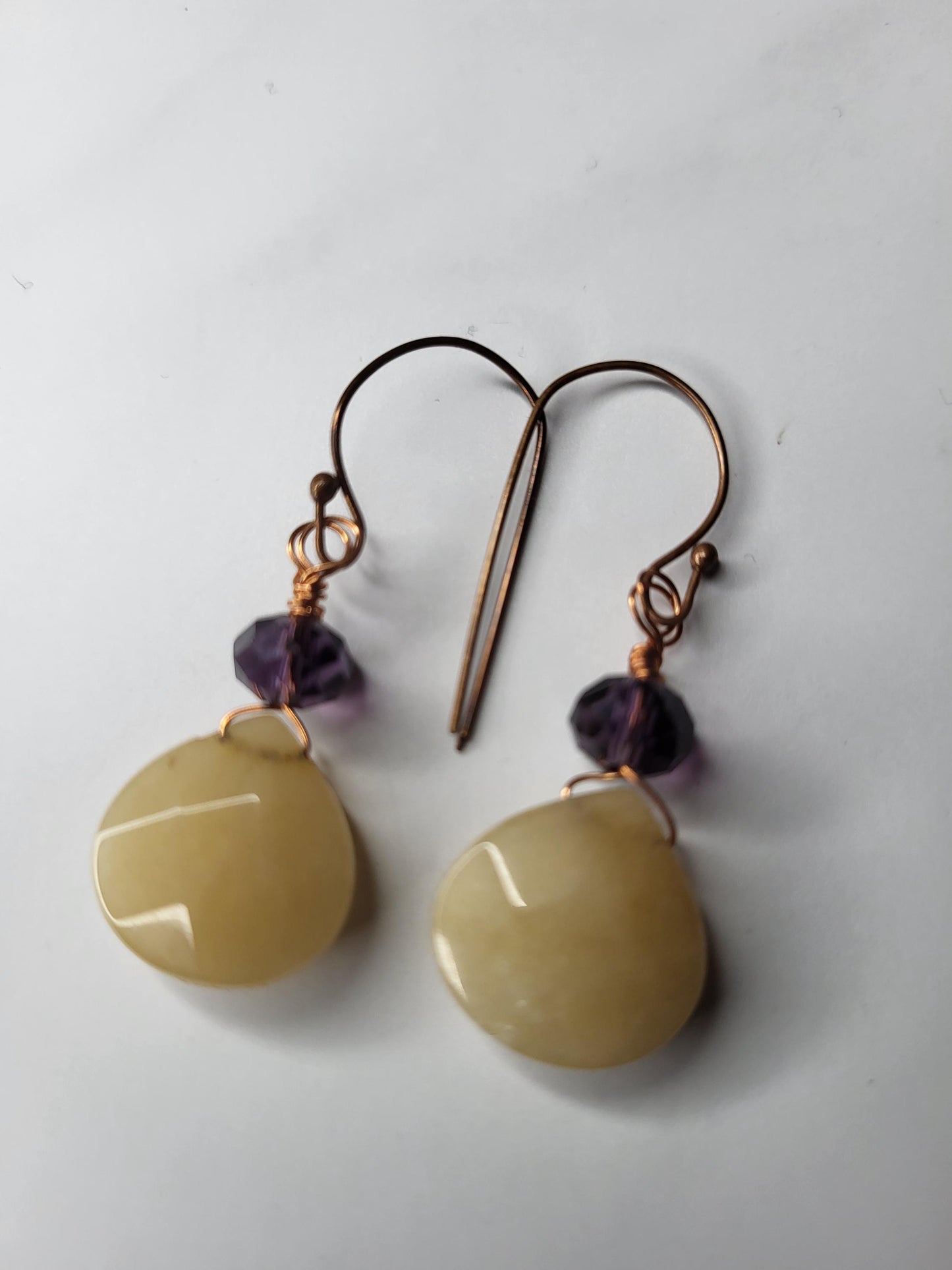 Tan Jade and Red Copper dangle Earrings with  Burgundy Crystal