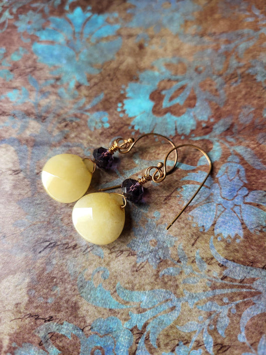 Tan Jade and Red Copper dangle Earrings with  Burgundy Crystal