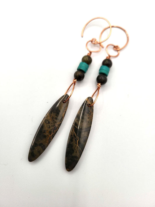 Tan and Gray Jasper Stones with Turquoise beads and Copper Drop Earrings