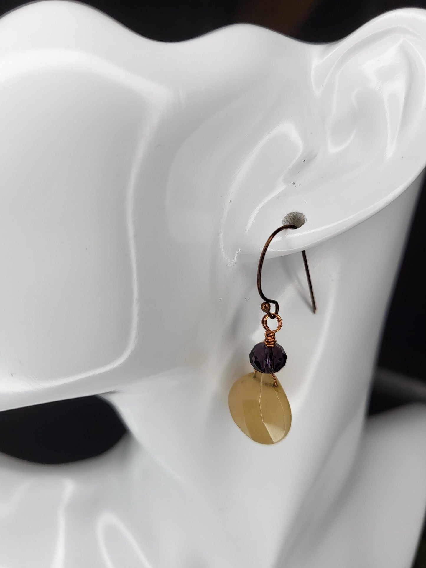 Tan Jade and Red Copper dangle Earrings with  Burgundy Crystal