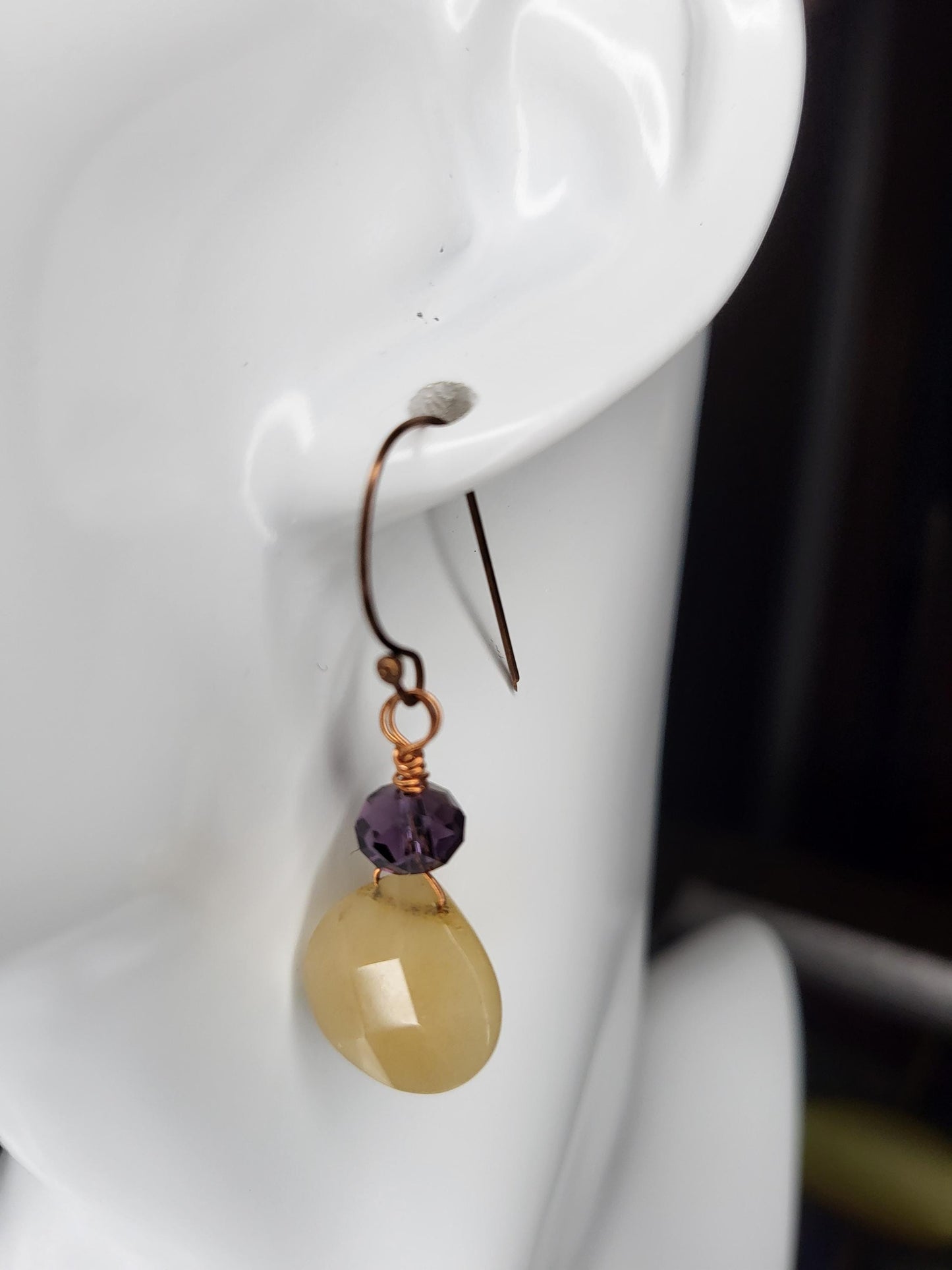 Tan Jade and Red Copper dangle Earrings with  Burgundy Crystal