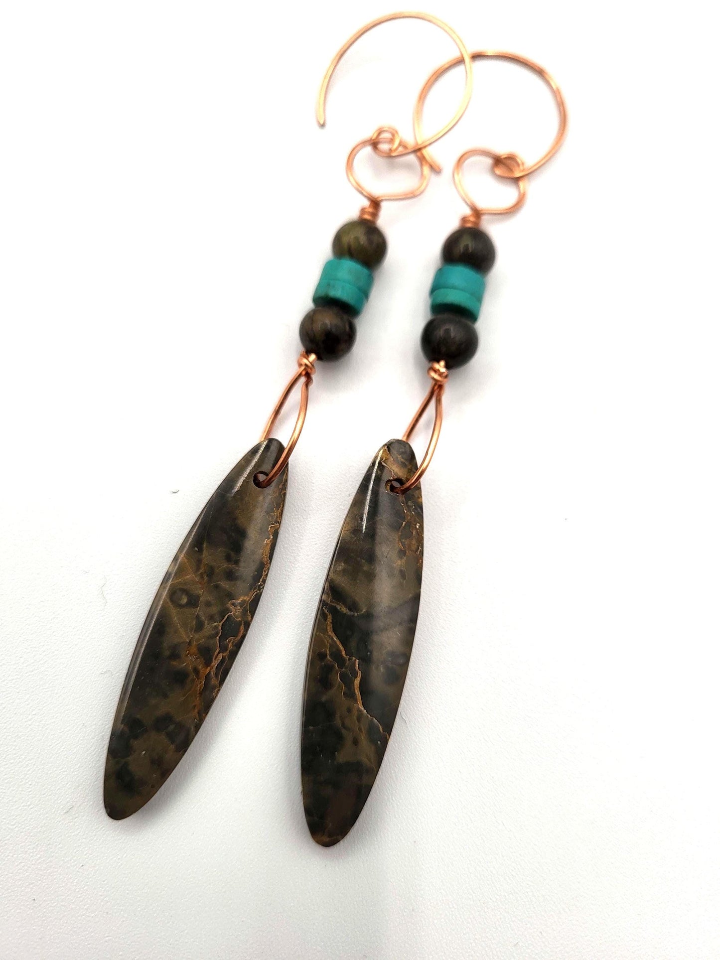 Tan and Gray Jasper Stones with Turquoise beads and Copper Drop Earrings