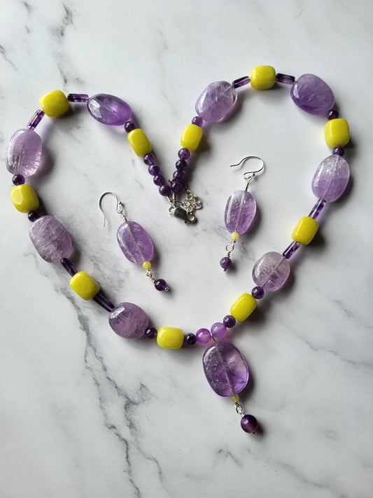 Amethyst and Jade Necklace and Earring set. Natual stones.