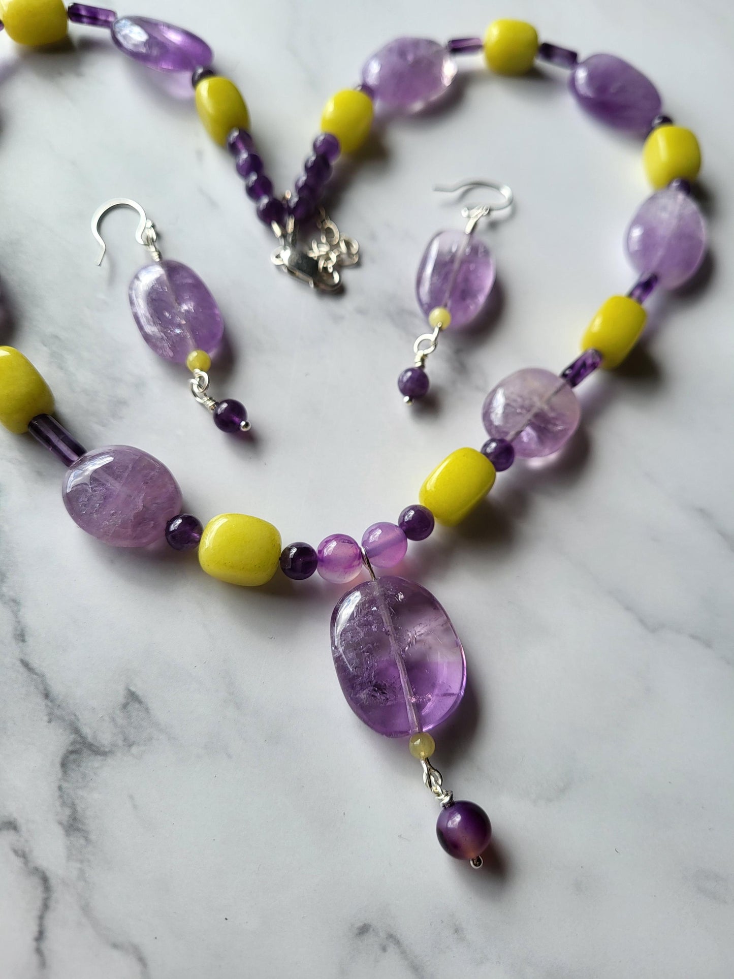 Amethyst and Jade Necklace and Earring set. Natual stones.