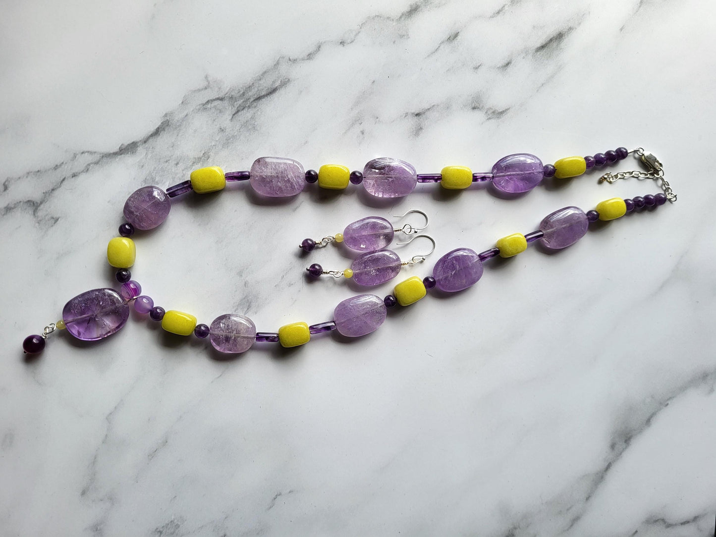 Amethyst and Jade Necklace and Earring set. Natual stones.