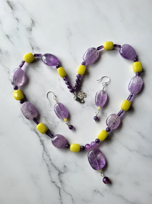Amethyst and Jade Necklace and Earring set. Natual stones.