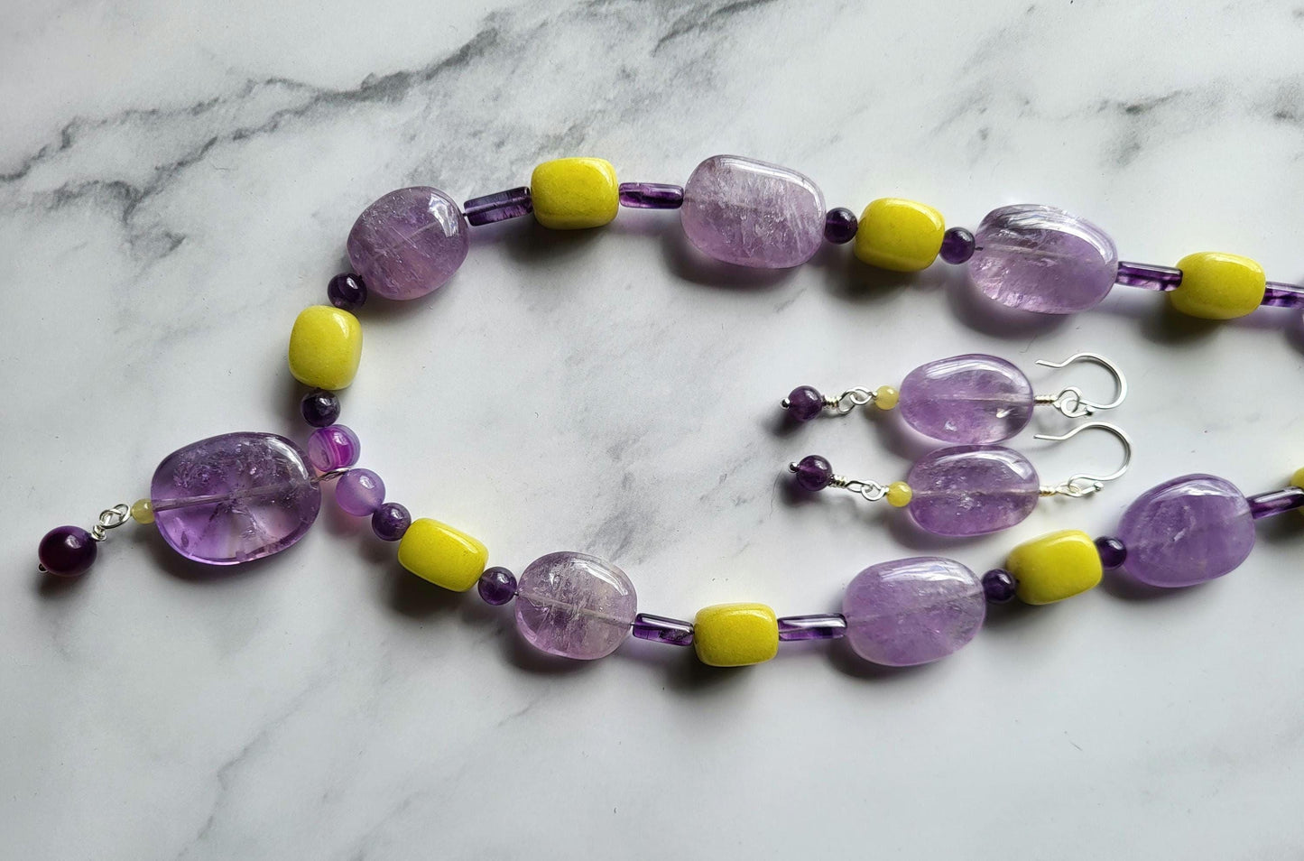 Amethyst and Jade Necklace and Earring set. Natual stones.